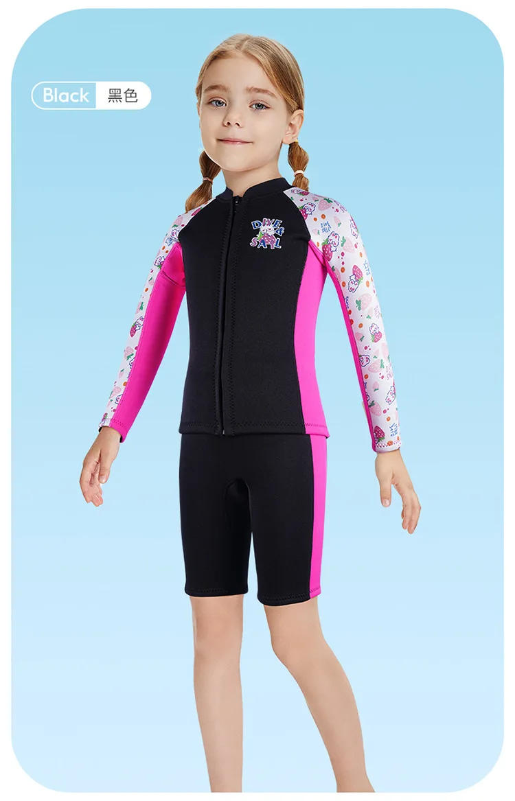 Description Picture 5 of item2.5MM Diving Suits Neoprene Wetsuits Kids Swimwears Long Sleeves Shorts Two Piece Set Girls Surfing Swimming Children