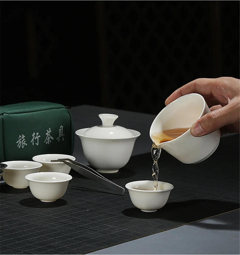 Description Picture 6 of itemSet Chinese Travel Kung Fu Tea Set Ceramic Portable Teacup Porcelain Service Gaiwan Tea Cups Mug of Tea Ceremony Teapot