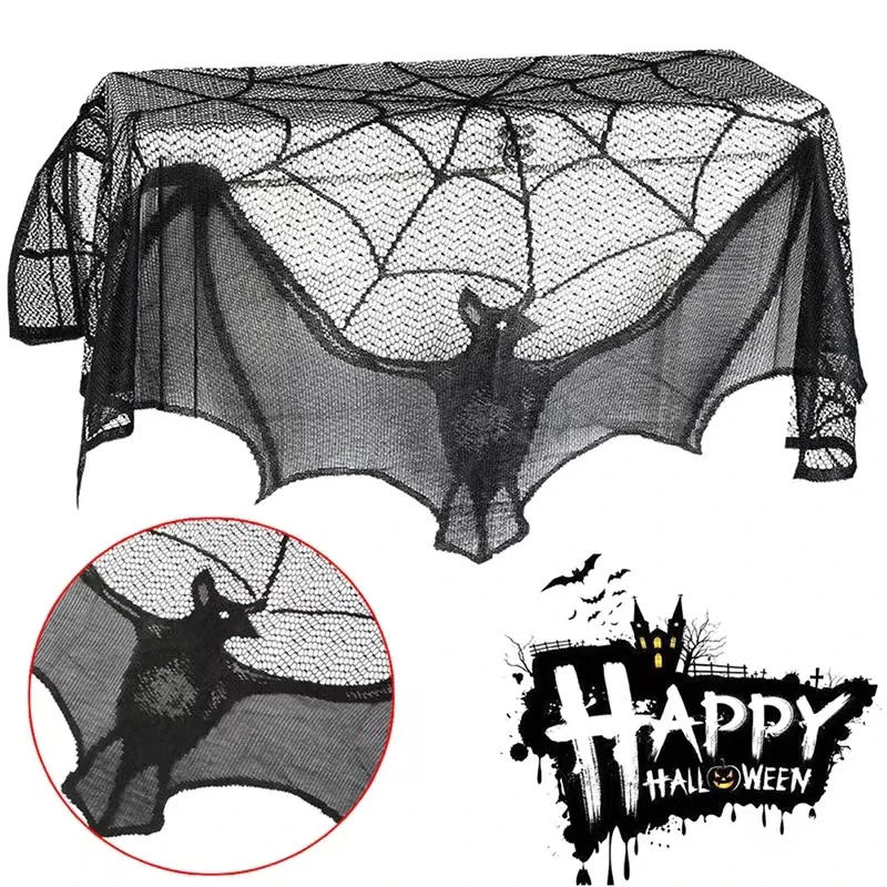 Description Picture 2 of item1 Piece of Halloween Lace Curtains Black Bat Spider Tablecloth Fireplace Stand Scarf Set Halloween Family Room Spider Web Horror Decoration