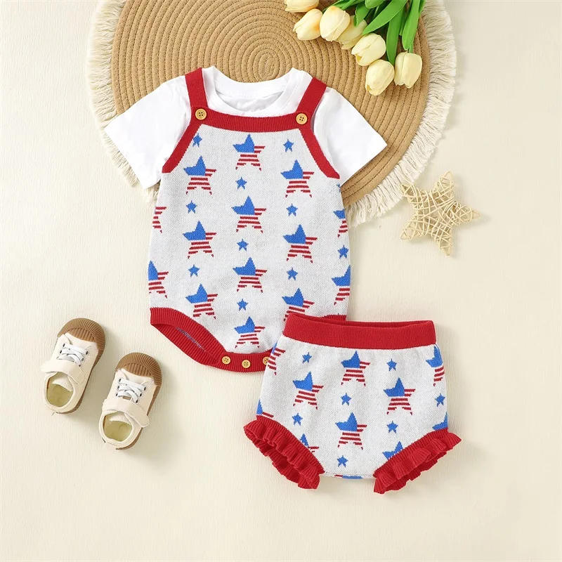 Description Picture 3 of itemKid Girl Boy Pants Suit Knitting Romper Vest Tops Ruffled Short Pants Outfit for Independence Day