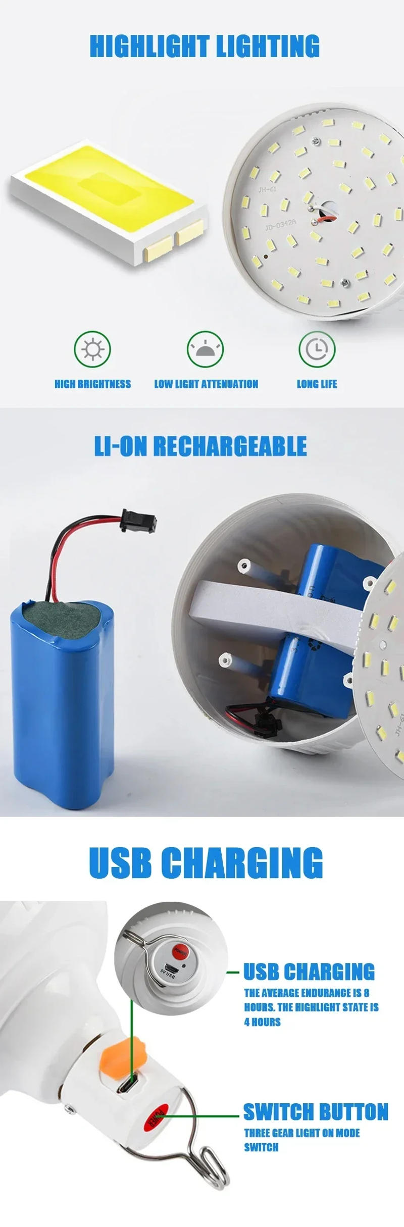 Description Picture 3 of itemCamping Light LED Portable Lanterns USB Rechargeable Outdoor Hanging Camping Bulb Energy Saving Emergency Lights Garden Tents