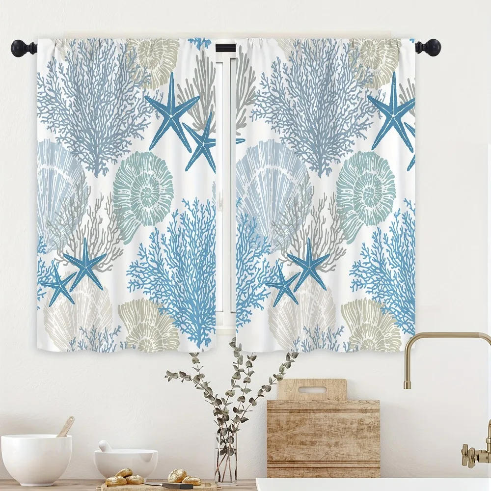 Description Picture 4 of item2Pcs Beach Coastal Starfish Kitchen Curtain Nautical Summer Window Treatment for Living Room Home Decor Cafe Cabinet Decoration