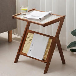 Bedside Table With Rattan Shelf Home Bedroom Living Room Small Space Bamboo Glass Bedside Coffee Table Wooden End Table