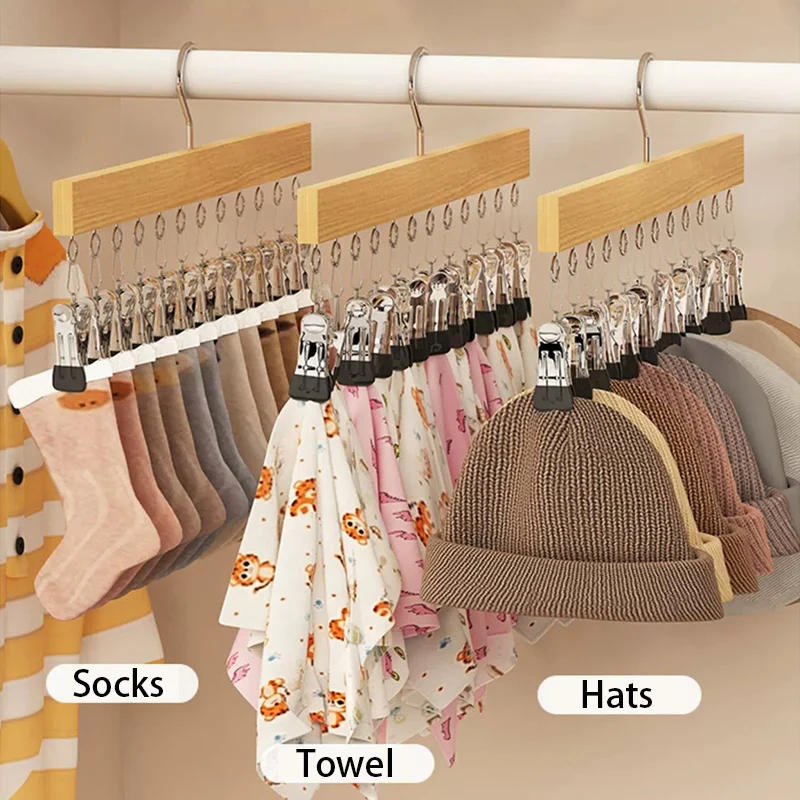Description Picture 2 of item6/10 Clips Hat Holder,Household Multifunctional Organizer for Cap Socks Towel,Household Wooden Hats Hanger for Closet Storage