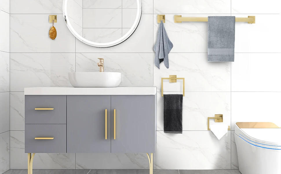 Description Picture 5 of itemYACVCL 5-Piece Bathroom Hardware Accessories Set 23.6 in Brushed Gold  Bar Towel Rack Sets Modern Towel Ring Kit Stainless Steel