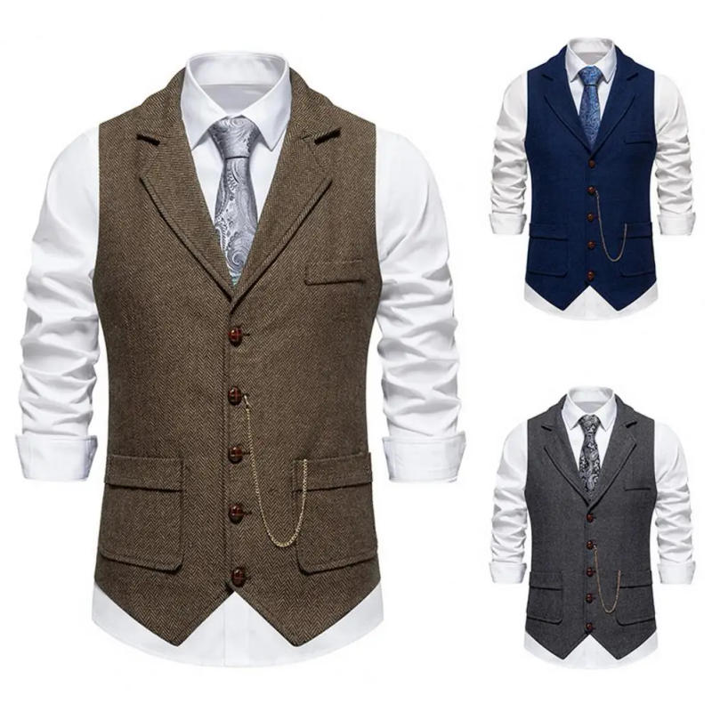 Description Picture 3 of itemMen's Retro Lapel Chain Vest Single Breasted Business Suit Vest Slanted Hem 3D Pockets Decoration Waistcoat Men Suit Waistcoat