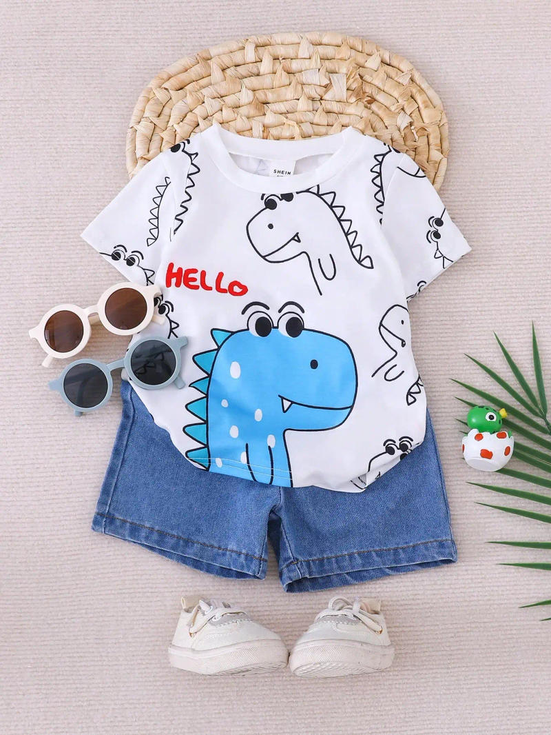 Description Picture 2 of itemSummer 2-Piece Set New Casual Outdoor Comfort Breathable Cute Dinosaur Print Round Neck Short-Sleeved Denim Shorts Fashion Suit