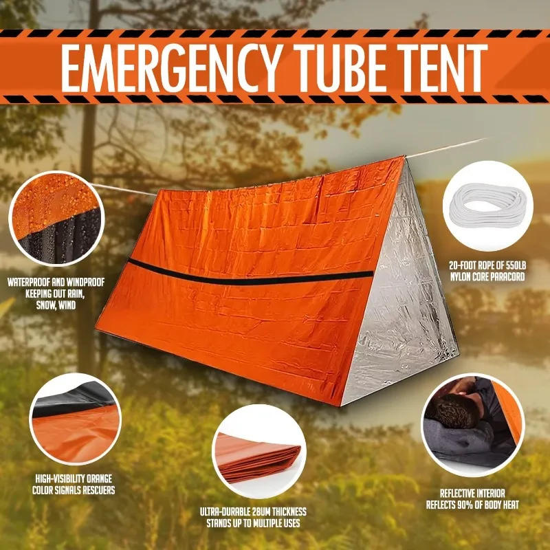 Description Picture 3 of item2 Person Emergency Shelter Bivy Survival Tent Kit Mylar Tube Tent Sleeping Bag Waterproof Outdoor SOS Thermal Blanket Shelter