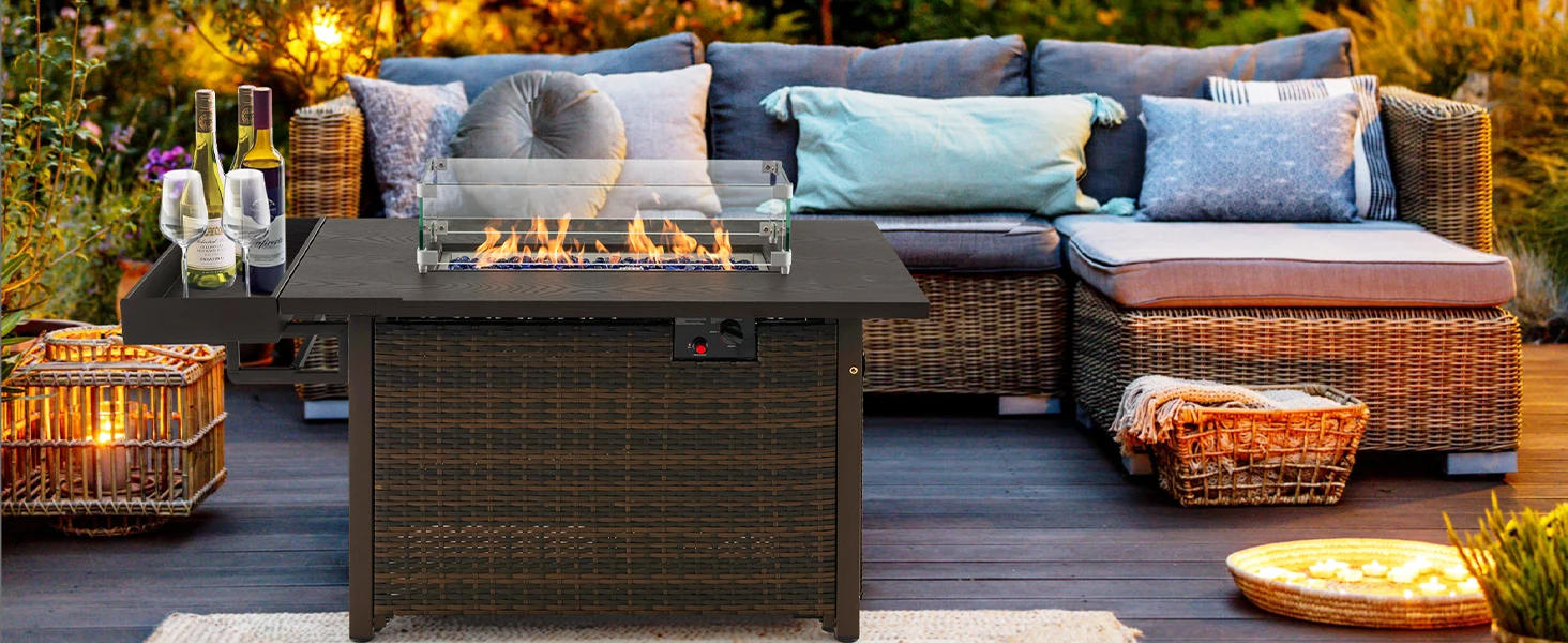 Description Picture 5 of itemGiantex 52" Outdoor Propane Fire Pit - 50,000 BTU Wicker Patio Gas Fire Table w/Lid, Waterproof Cover, Tempered Glass Wind