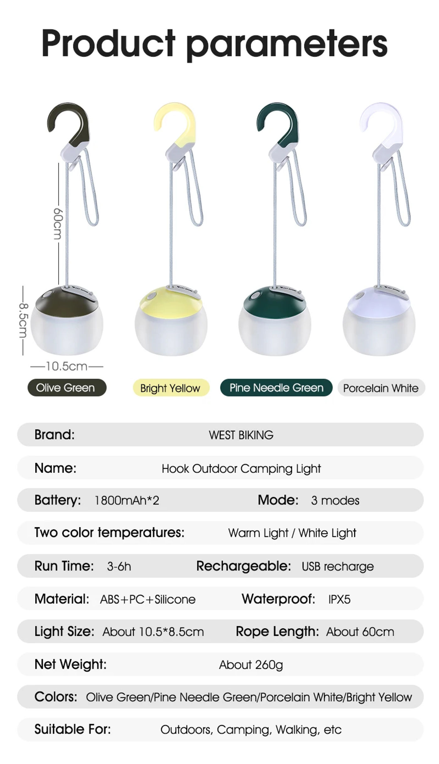 Description Picture 5 of itemWEST BIKING Portable Camping Light Outdoor Emergency Tent Hanging Lamp IPX5 Waterproof USB Charging Retro LED Atmosphere Light