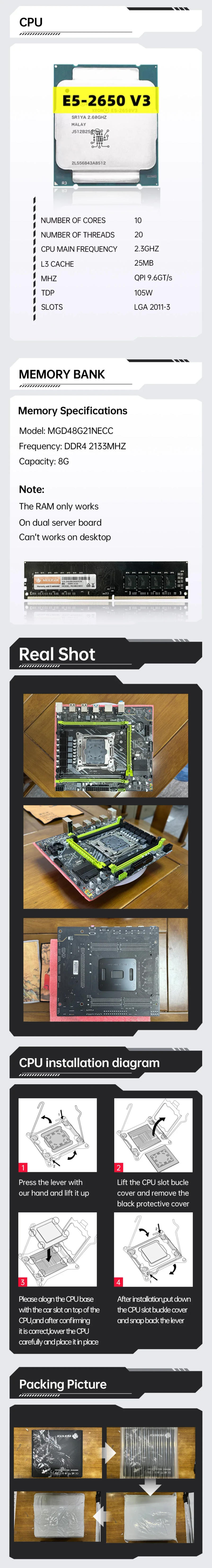 Description Picture 3 of itemMOUGOL New X99 P4 Motherboard Set with Intel Xeon E5 2650 V3 CPU & Dual-channel DDR4 8Gx2 2133MHz ECC RAM for Gaming Computer