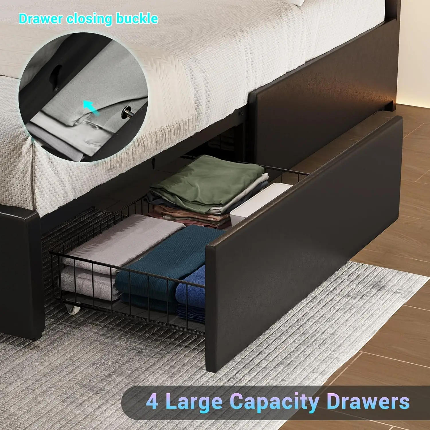 Description Picture 6 of itemCalifornia King Bed Frame with 4 Storage Drawers, Charging Station, Artificial Leather Upholstered Headboard, LED Bed Frame