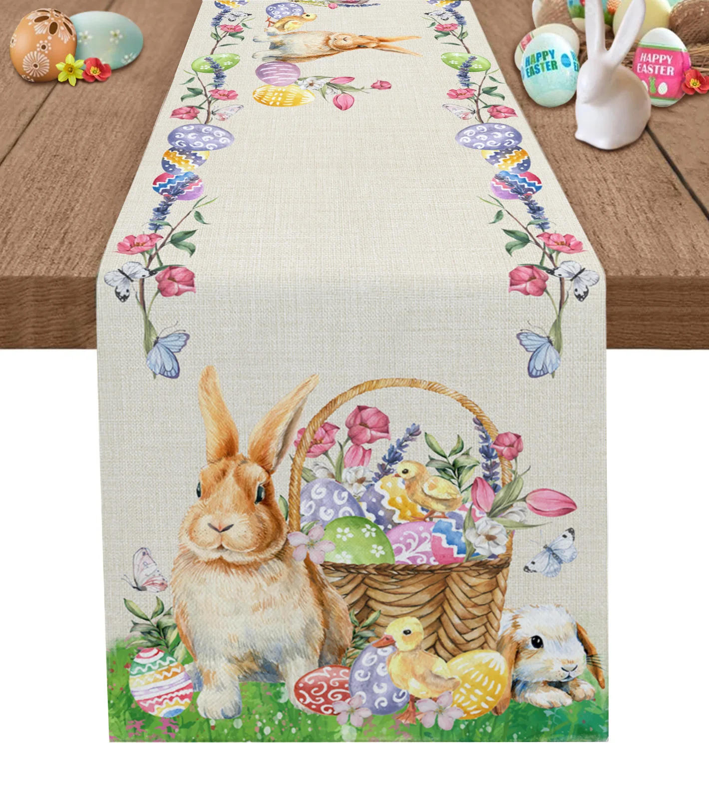Description Picture 4 of itemEaster Bunny Egg Duck Flower Linen Table Runner Wedding Decoration Anti-Fouling Rectangular Dining