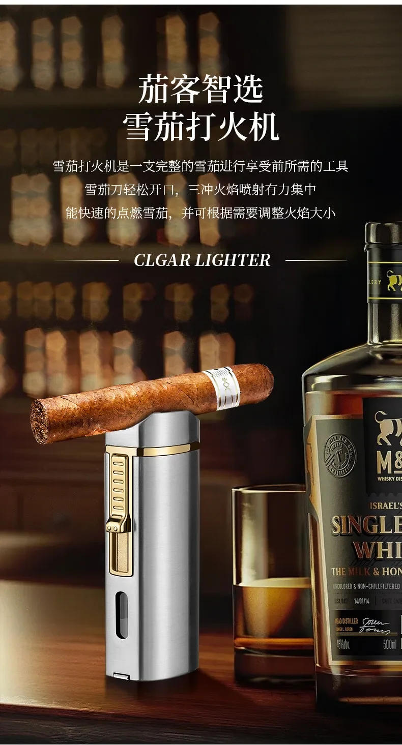 Description Picture 5 of itemNew Luxury Cigar Lighter Torch Metal Windproof Straight Jet Butane Lighter Smoking Cigar Accessories Cigar Punch Men's Gifts