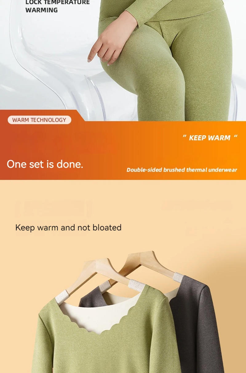 Description Picture 4 of itemNew Thermal Underwear With Plush Thickened Round Neck Solid Color Heating Clothes Autumn Pants Women's Set Women's home clothing