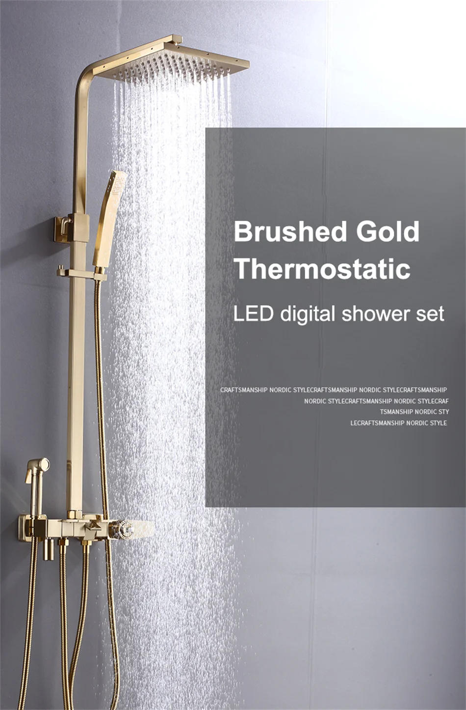 Description Picture 3 of itemBrushed Gold European Bathroom Accessoris Shower Faucet Mixer Wall-mouted Rainfall Shower Set Square Shower Head Digital Shower
