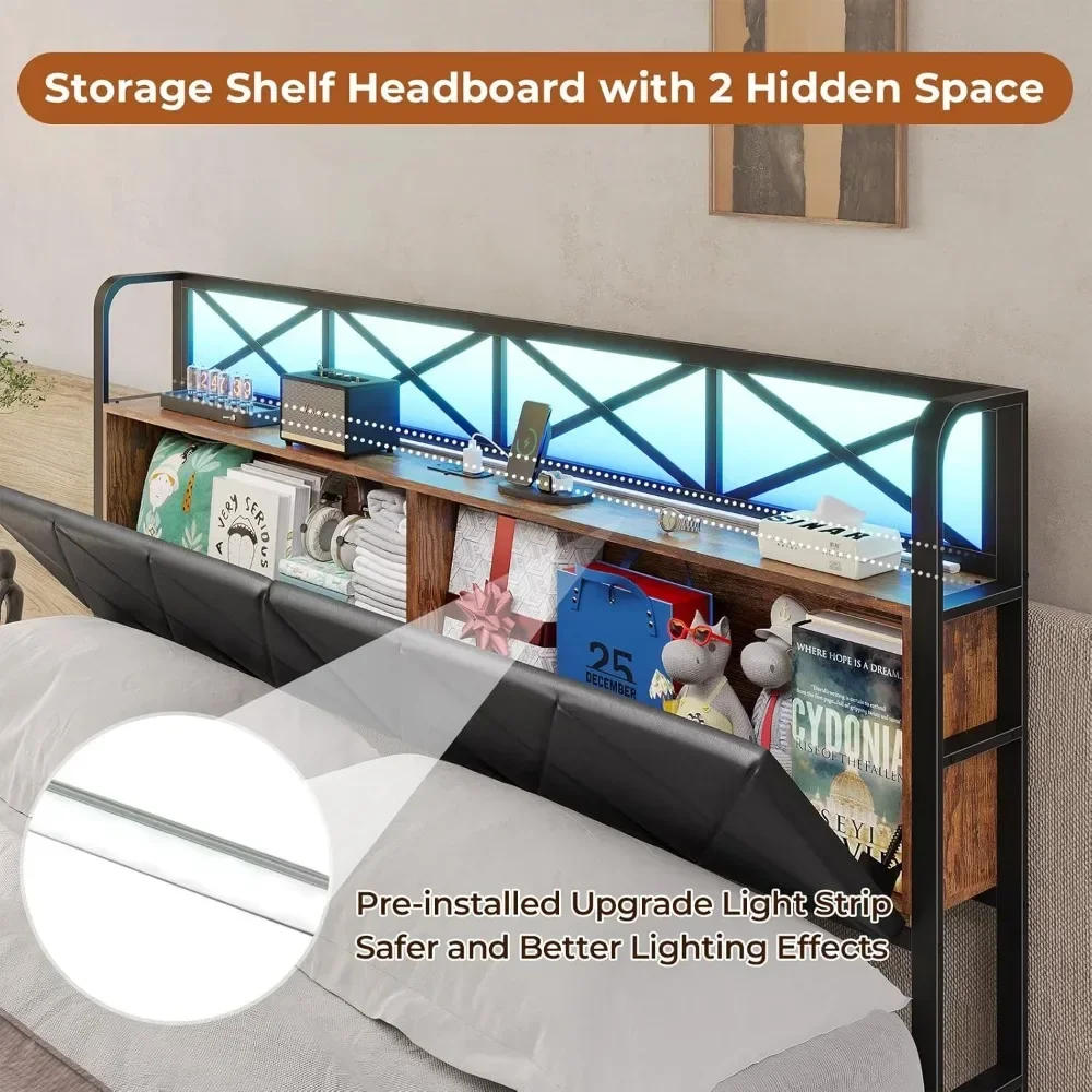 Description Picture 5 of itemCalifornia King Bed Frame with Hidden Storage, 2 Drawers, Led Lights, Charging Station, Upholstered Headboard, Bed Frame