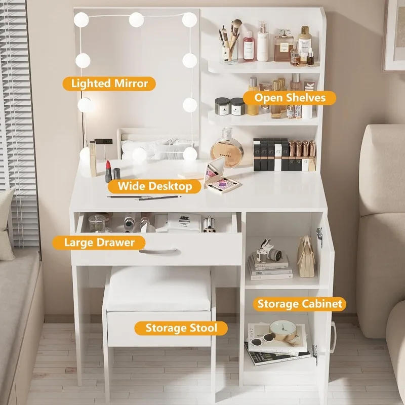 Description Picture 5 of itemMakeup Vanity with Lights, Vanity Desk with Mirror and Lights Set, Large Drawer and Two-Tier Lots Storage Cabinet Dresser