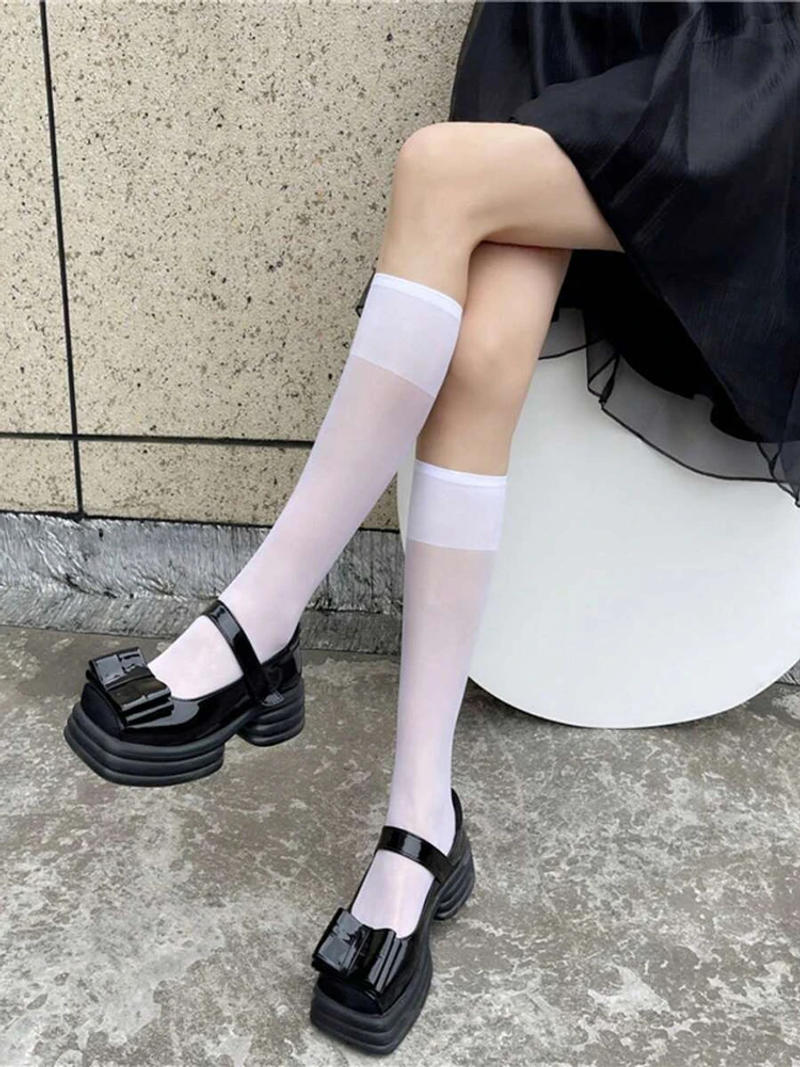 Description Picture 4 of item4 Pairs Black White Semi Transparent Nylon Socks Classic Versatile Suitable Daily Wear They Comfortable Breathable Casual Socks