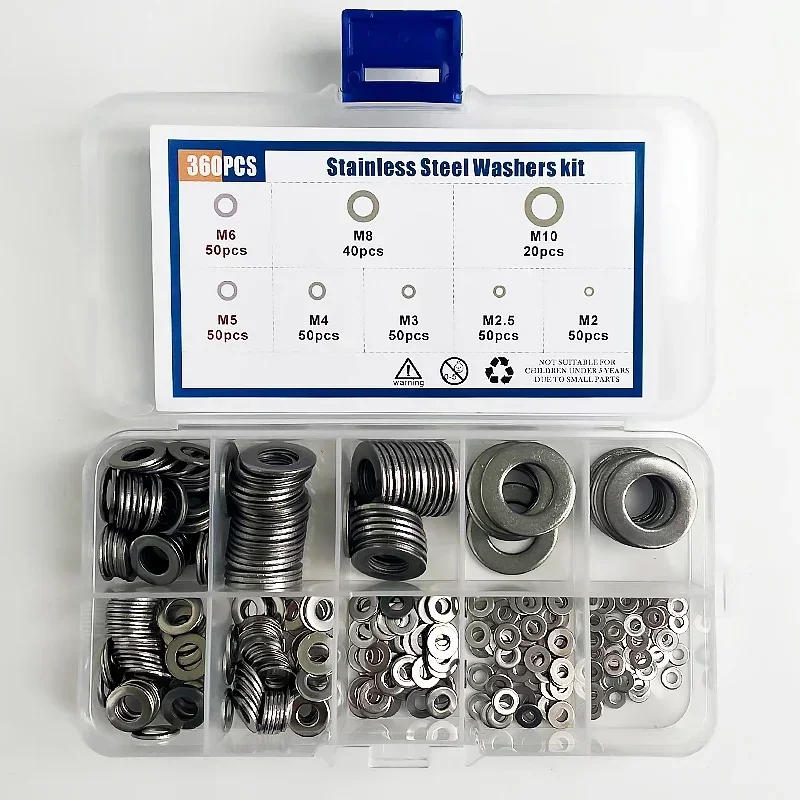 Description Picture 5 of item360pcs/Box M2 M2.5 M3 M4 M5 M6 M8 M10 304 Stainless Steel Washer Set Adjusting Shim Plain Gasket Assortment Kit Box