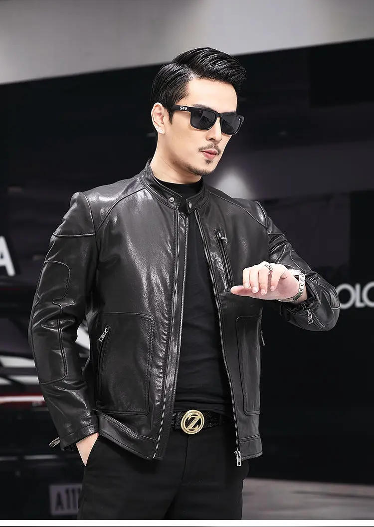 Description Picture 4 of item2022 Spring Autumm Men New Slim Fit Motorcycle Coats Male Genuine Sheepskin Jackets Men's Stand Collar Leather Outerwear N122