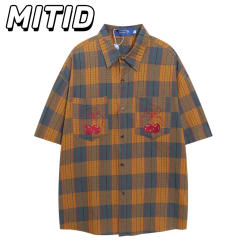 High Street Summer Shirts for Men Short Sleeve Plaid Y2k Cherry Embroidey Loose Casual Pockets Youth Versatile Oversized Shirt