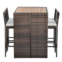 Home Outdoor PE Rattan and Acacia High Top Table and Chairs Dining Set for Four with Weather-Resistant Cushions for Patios