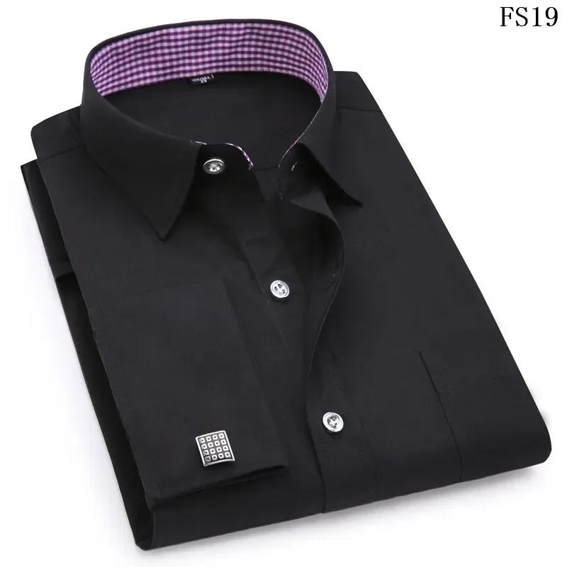 Description Picture 5 of itemLarge size Men French Cufflinks Shirts White Collar Design Solid Color Jacquard Fabric Male Gentleman Dress Long Sleeves Shirt