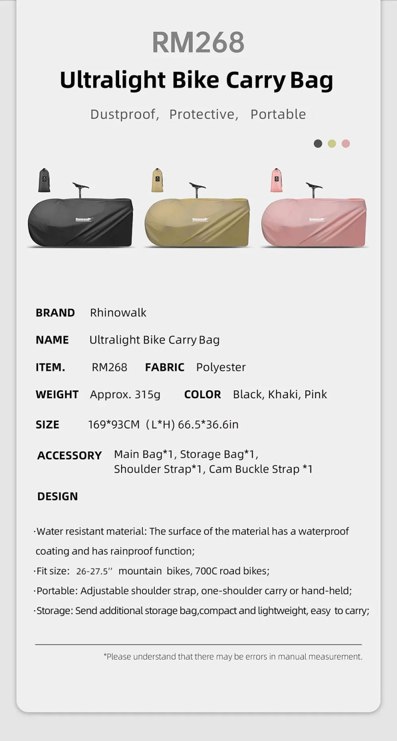 Description Picture 3 of itemRhinowalk Bicycle Storage Bag Portable Carry Bike For 26-27.5 in MTB 700C Road Bike Water-Resistant Transport Storage Pack RM268