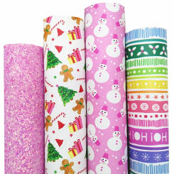 Pink Glitter Leather Sheets Stanta HO Christmas Tree Gingerbread Printed Smooth Synthetic Leather For Bow DIY 21x29CM Q1516