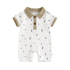 Baby Boy Jumpsuit Summer Short Sleeve Lapel Collar Graphic Print Romper Newborn Playsuit