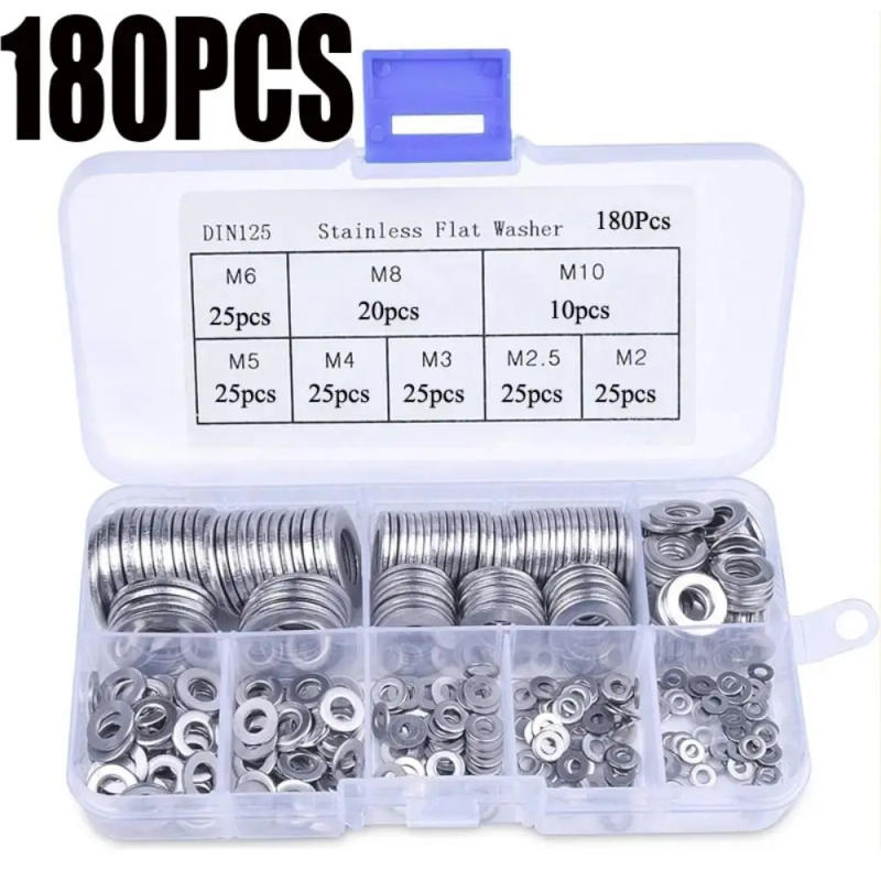 Description Picture 2 of item180pcs New M2 M2.5 M3 M4 M5 M6 M8 M10 Flat Washer Plain Stainless Steel with Storage Box Gasket Rings Assortment Kit Washer Flat