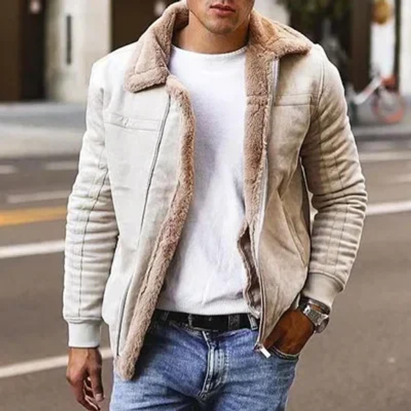 Description Picture 2 of item2023 Men's New Fashion Faux Leather Plush Fur Integrated Short Coat with Large Polo Collar Men's Coat