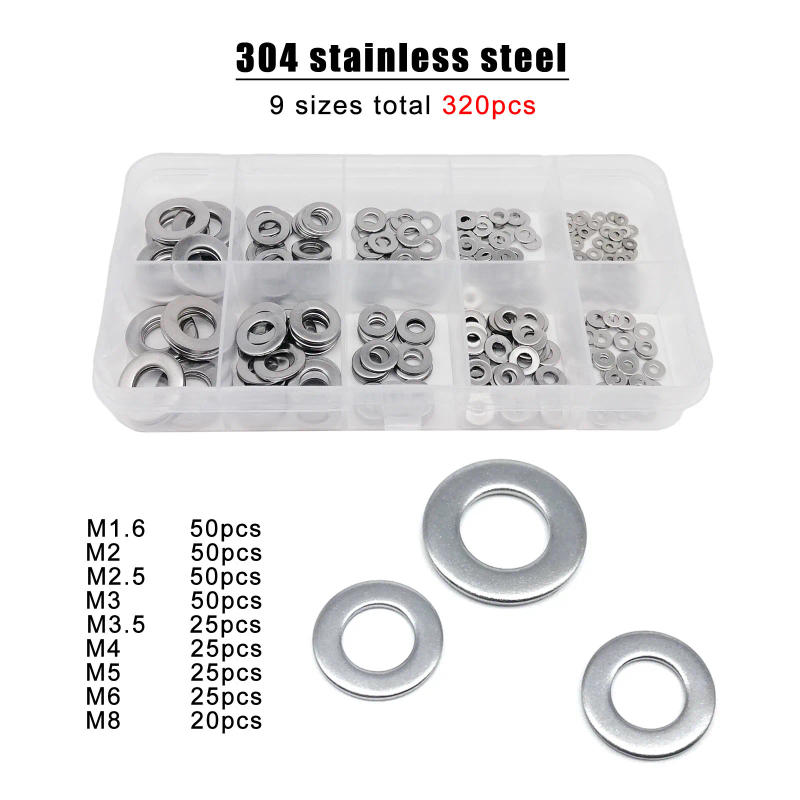 Description Picture 5 of item320pcs/box M1.6 M2 M2.5 M3 M3.5 M4 M5 M6 M8 GB97 DIN125 A2 304 Stainless Steel Black Plain Gasket Flat Washer Assortment Kit Set