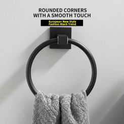 Black Stainless Steel Hand Towel Ring Square Base Wall Mounted Towel Racks Easy Installation Towel Holder Home