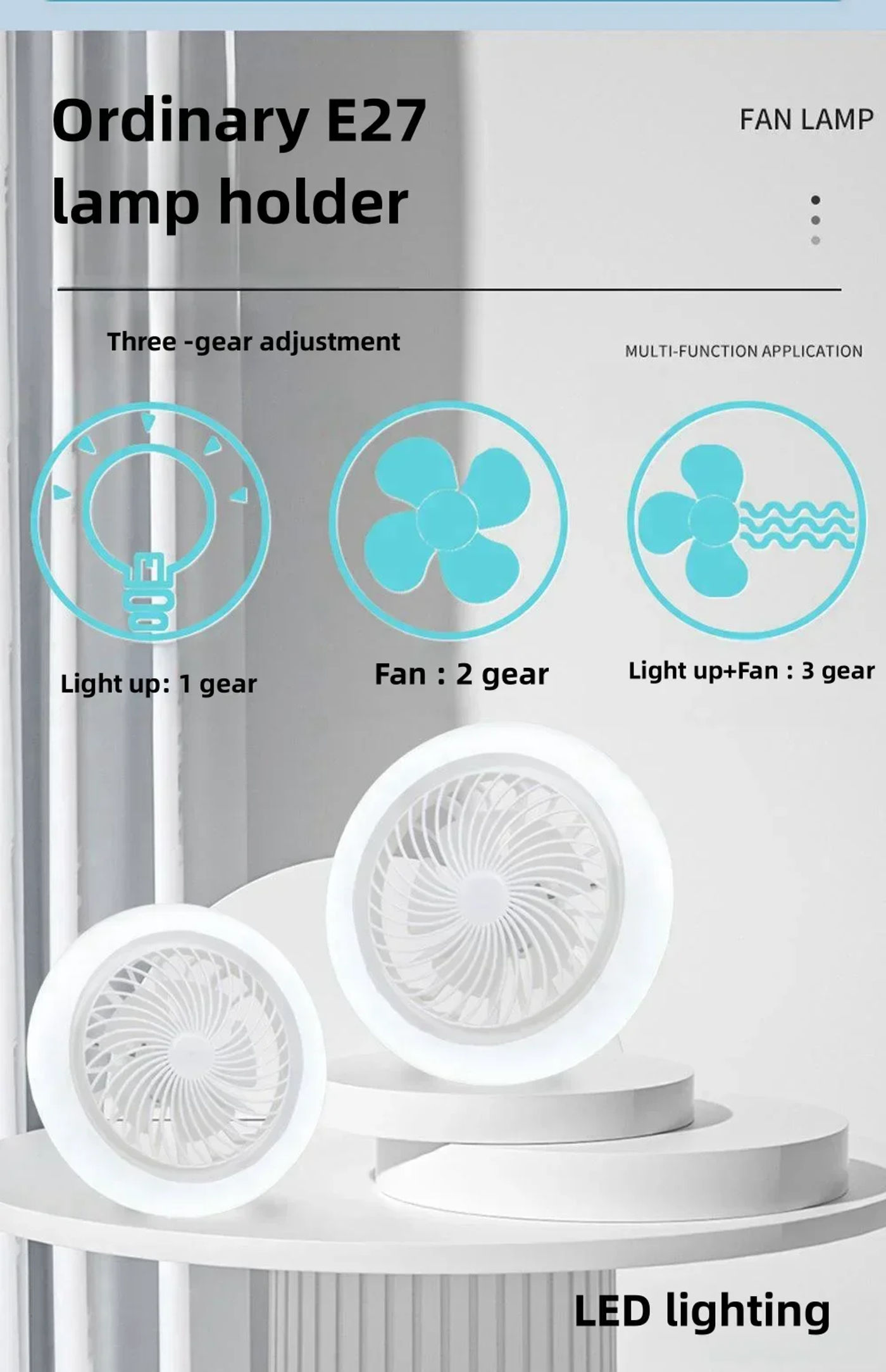 Description Picture 5 of item2-in-1 Three-speed Mode LED Fan Light With Remote Control E27 AC85-265V Lighting Base For Bedroom Living Room Light Fan Ceiling