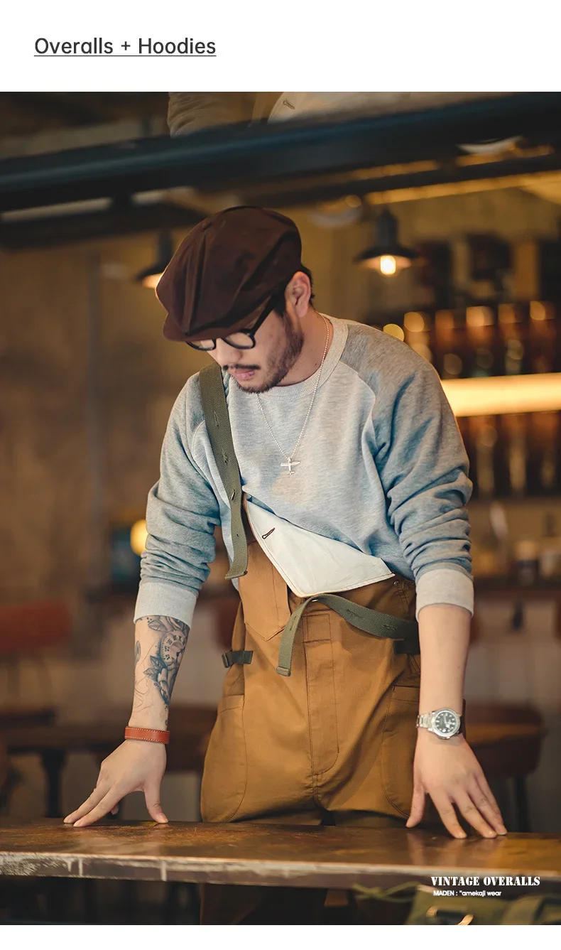 Description Picture 6 of itemMaden 2023 New Men's Bib Pants American Vintage Loose Solid Jumpsuits Streetwear Multi Pockets Casual Suspenders Cargo Overalls