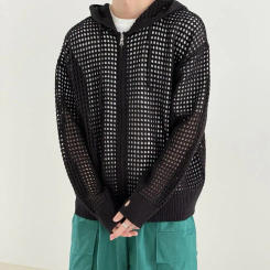 Men Knitted Jacket Polyester Fiber Jacket Hooded Hop Cardigan Men Sweater Long Sleeve Zipper Closure Solid Hollow-out Closure