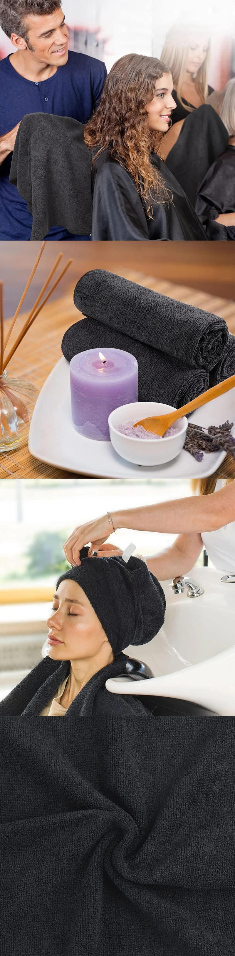 Description Picture 2 of item5Pcs Black Microfiber Bleach Proof Towel Beauty Hair Salon Hair Drying Towel Set For home Hotel Resort Spa