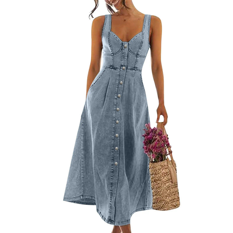 Description Picture 2 of item2024 Jeans Dress Women'S Vintage Denim Dresses Sexy Sleeveless Button Designswing Big Hem Vestidos Women Plus Size Clothes