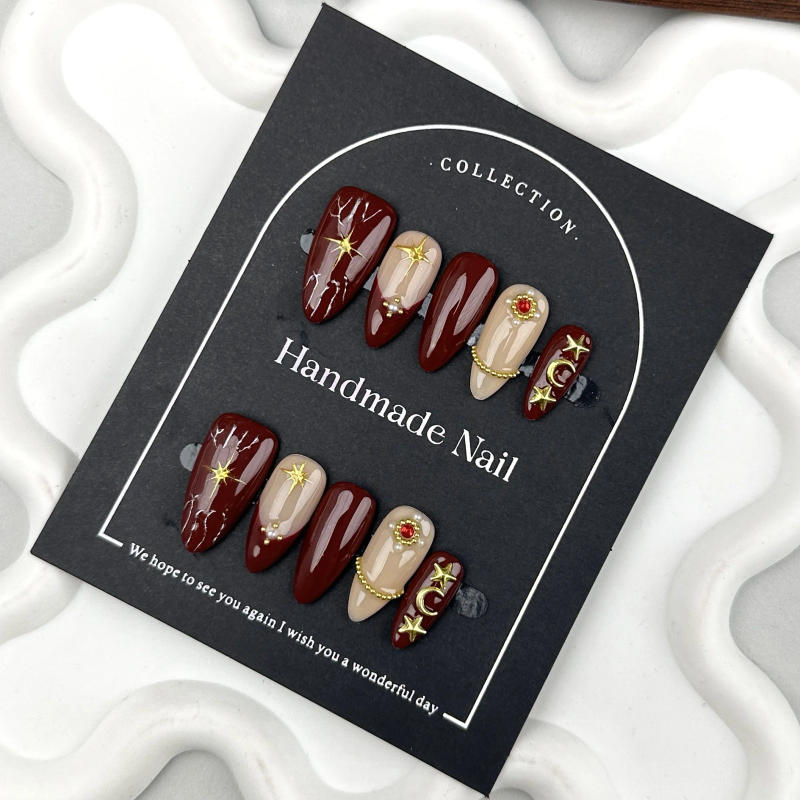 Description Picture 4 of item10pcs Handmade Press on Nails Baroque Moon Star Design False Nails Wearable Heavy Metal Red French Almond Shaped Fake Nail Tips