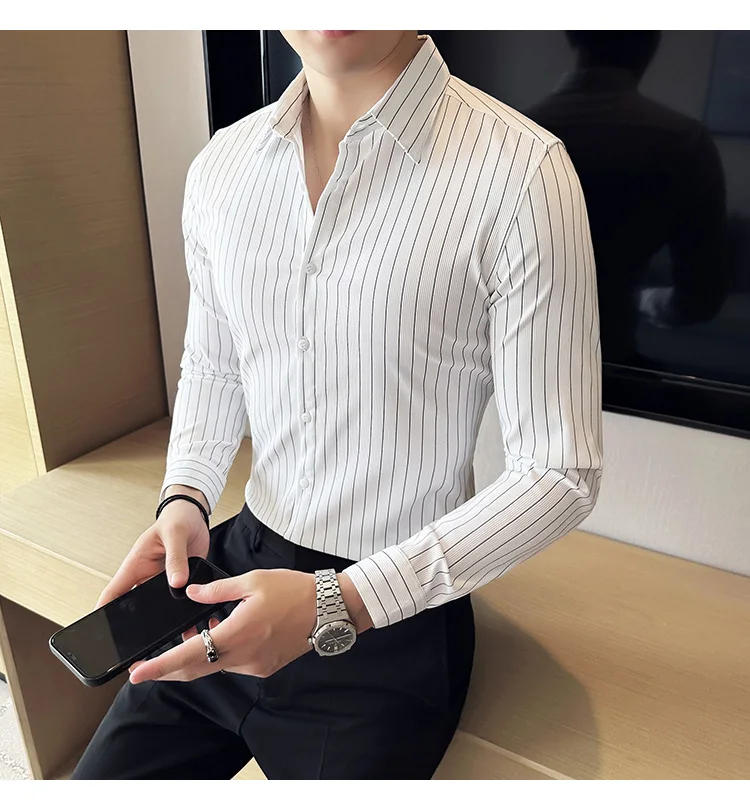 Description Picture 6 of itemHigh Quality Striped Business Shirt for Men Long Sleeved Slim Fit Casual Shirt Streetwear Social Party Tuxedo Blouse 2023 Autumn