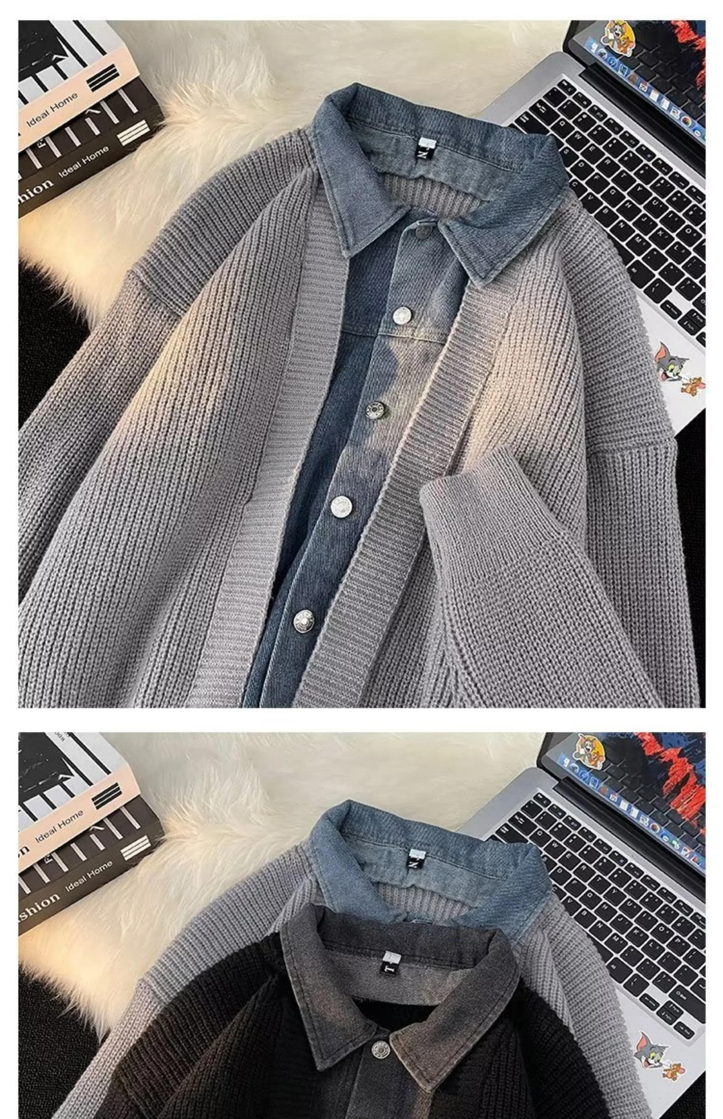 Description Picture 4 of itemSpring Autumn Denim Splicing Cardigan Sweaters Couple Casual Loose High Street Sweater Jackets Men Overcoat Male Clothes