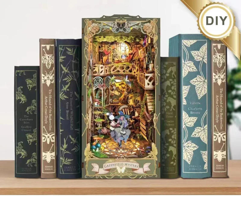 Description Picture 2 of itemNEW Creative DIY Wooden Book Nook Shelf Insert Miniature Kits, Green Fairyland Bookshelf Home Bookend Decor Adult Handmade Gifts
