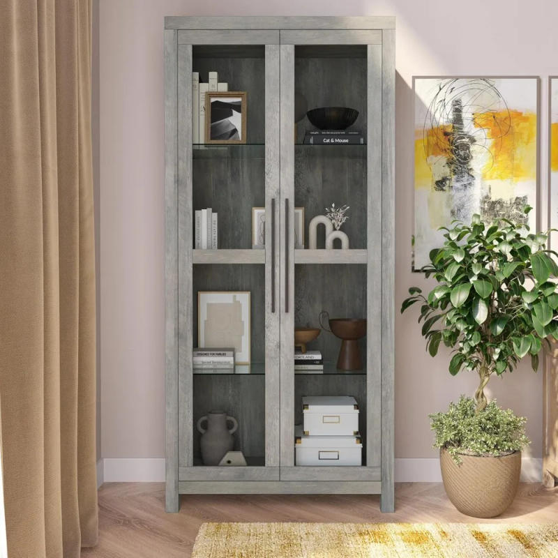 Description Picture 3 of itemBookcase, Tall Bookshelf or Display Cabinet for Living Room Bedroom, Curio Cabinet with Tempered Glass Doors, Gray , Bookcases