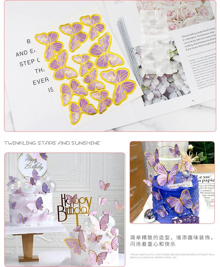 Description Picture 2 of item10pcs Stamping Gold Pink Butterfly Cake Toppers Princess Girl Wedding Happy Birthday Party Decor Dessert Cake Decor Butterfly