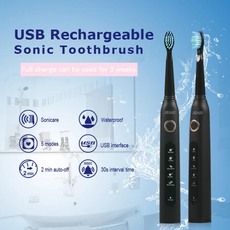 Description Picture 2 of itemSEAGO SG-507 Ultrasonic Electric Toothbrush Rechargeable Adult Clean Toothbrush 5 Modes 2 Min Timer IPX7 with Replacement Heads