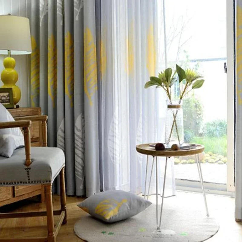 Description Picture 2 of itemAmerican Country-style Romeantic White Yellow Plantain Leaves Curtains for Living Room Grey Semi-shade Bedroom Fabric