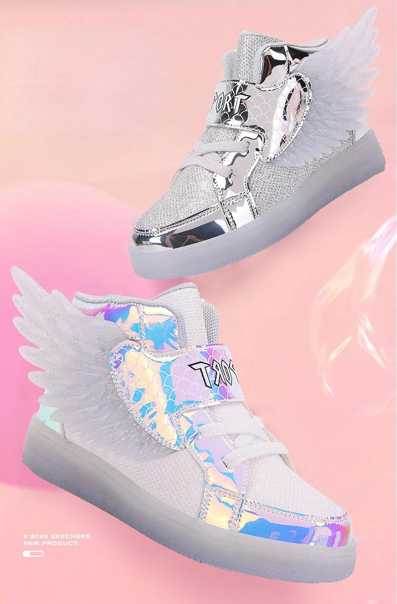Description Picture 3 of itemWaterproof Leather Kids Luminous Shoes Sneakers Led Light Shoes with Wing USB Charging Casual Sports Shoes Girls Skateboard Shoe