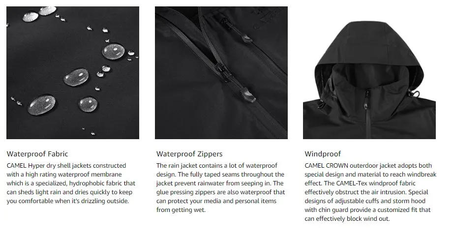 Description Picture 6 of itemGOLDEN CAMEL Mens Waterproof Softshell Jacket Lightweight Single Hooded Jacket with Zipper Pockets for Outdoor Hiking Traveling